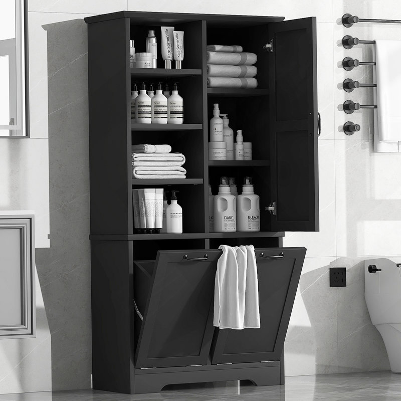 Bathroom Storage Cabinet With Doors And Drawers, Tilt-Out Laundry Hamper, Multiple Storage Space, Freestanding Style, Open Shelve, Adjustable Shelf, Black
