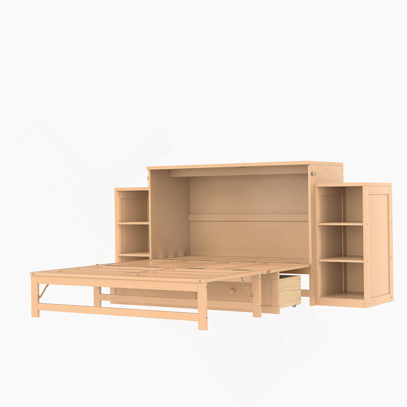 Lit escamotable double avec tiroirs et tablettes de rangement spacieux, idéal pour les chambres d'amis ou les chambres compactes