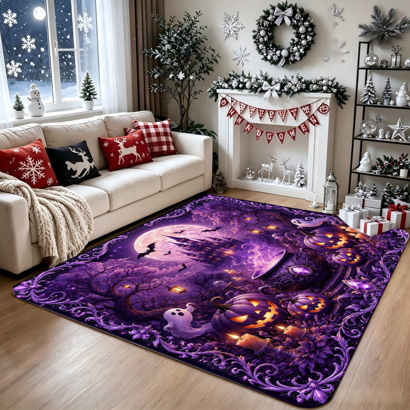 Tapis antidérapant sur le thème de l'Halloween : château, citrouille, lune, chauve-souris et fantôme. Décor de sol unique pour salon, chambre, bureau, intérieur et extérieur.