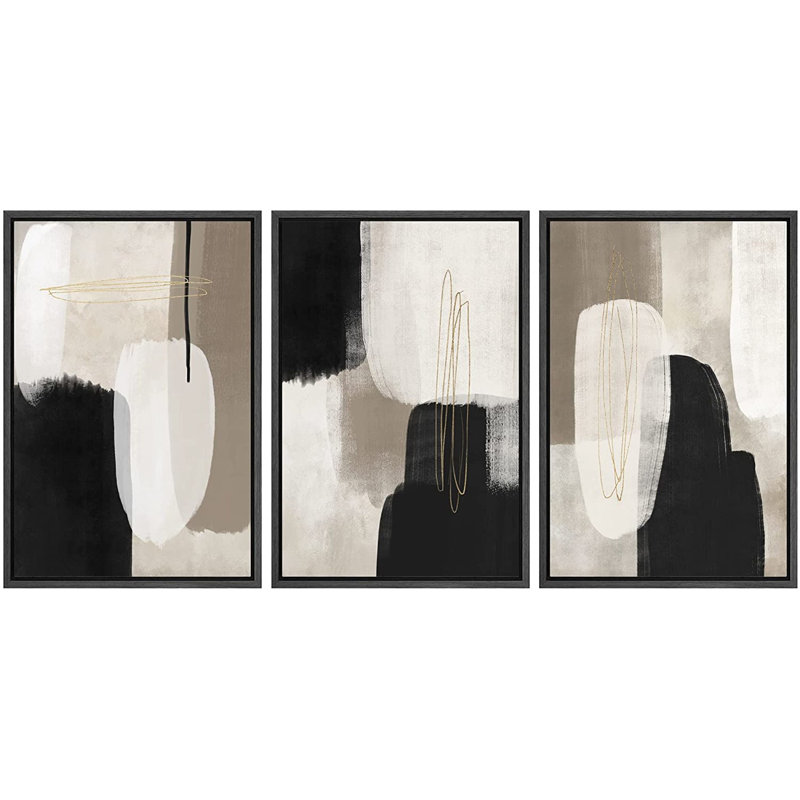 Ensemble de 3 peintures sur toile avec cadre flottant, H 36 po x l 72 po x P 1,5 po, Noir