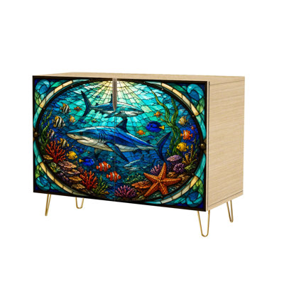 Buffet Buffet avec rangement Vibrant vitrail Océan requins poissons tropicaux avec 2 portes pour le salon et la cuisine