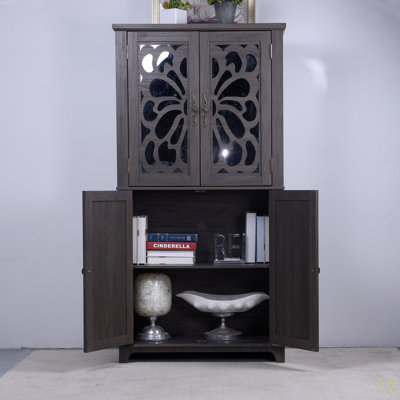 Display Sideboard Buffet With 4 Acrylic Mirrored Doors, Adjustable Shelves Storage Cabinet For Kitchen, Living Room, Bedroom Cabinet, MDF