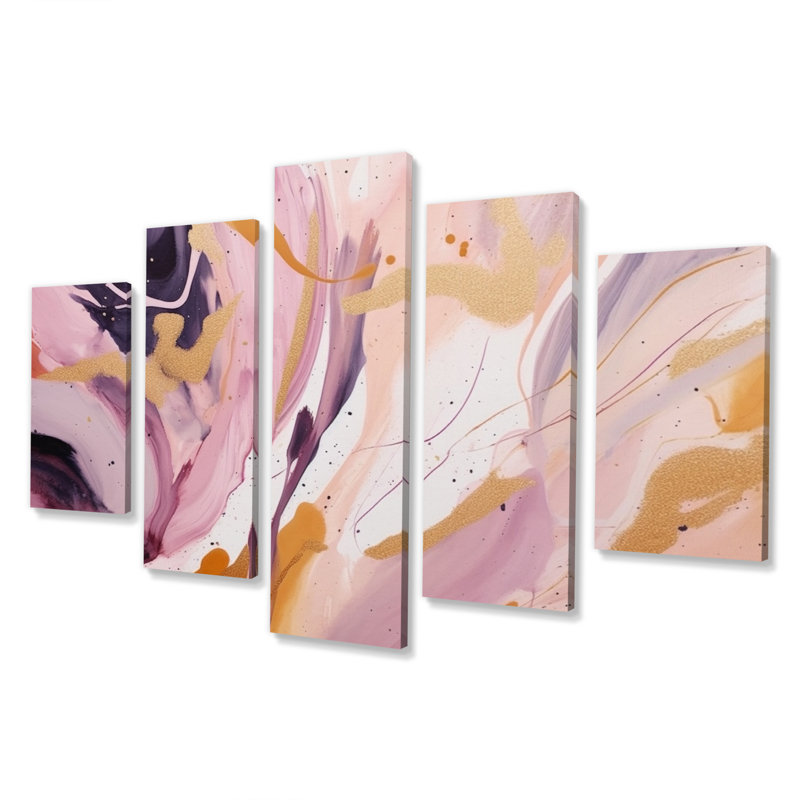 Coups de pinceau mauve et doré de l'âme I - reproduction d'art sur toile abstraite - 5 panneaux