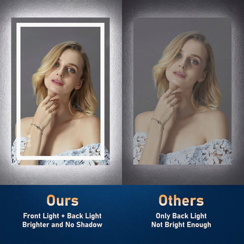Miroir de salle de bain en verre trempé à l'épreuve de l'eau et à la lumière certifié IP45 certifié UL45, 36 po x 36 po