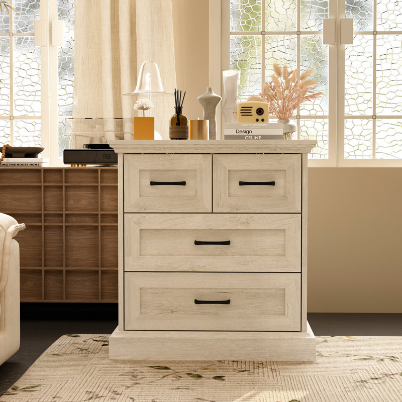 Commode d'appoint moderne rustique avec quatre tiroirs, poignées en métal noir - chêne clair vieilli