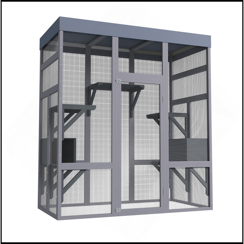 Cage d'extérieur en bois 62,6 po pour chats, grande enceinte pour chat avec toit imperméable, 2 maisons pour la sieste, plateformes et fil antirouille - Cage pour animaux sécurisée pour la cour ou le patio