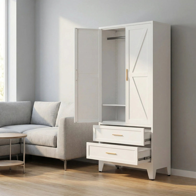Armoire-penderie en métal blanc avec tringle, armoire de 71 po avec tablettes réglables et 2 tiroirs, armoire de rangement en acier pour chambre à coucher, bureau, salle de lavage