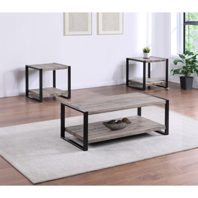 Ensemble de cocktail contemporain 3 pièces 1 table basse rectangulaire et 2 tables de bout carrées rustiques au fini noir brun