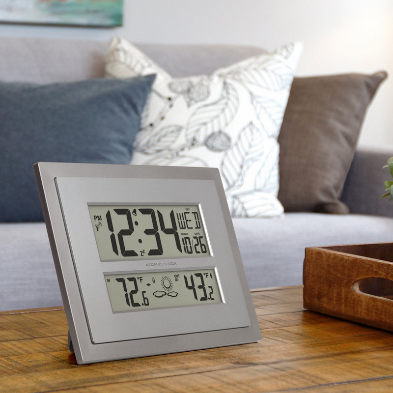 Gray and Silver Atomic Digital Wall Clock with Temperature Display
