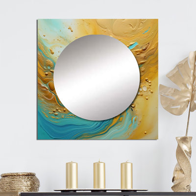 Golden Ocean Waves Turquoise Abstract VI - Miroir carré abstrait pour décoration murale