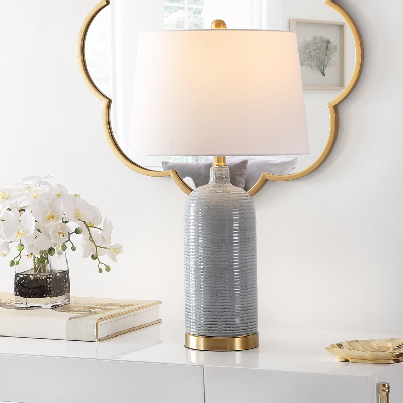 Blue Ceramic Table Lamp with White Cotton Shade