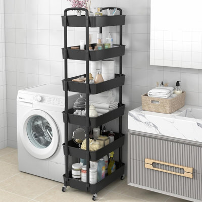6-Tier Plastic Rolling Utility Storage Cart With Handle, Multi-Functional Organizer Trolley With Wheels For Office, Living Room, And Kitchen (Black)