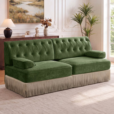 76.6" Velvet Upholstered Chesterfield Sofa with Tassel Fringe Skirt