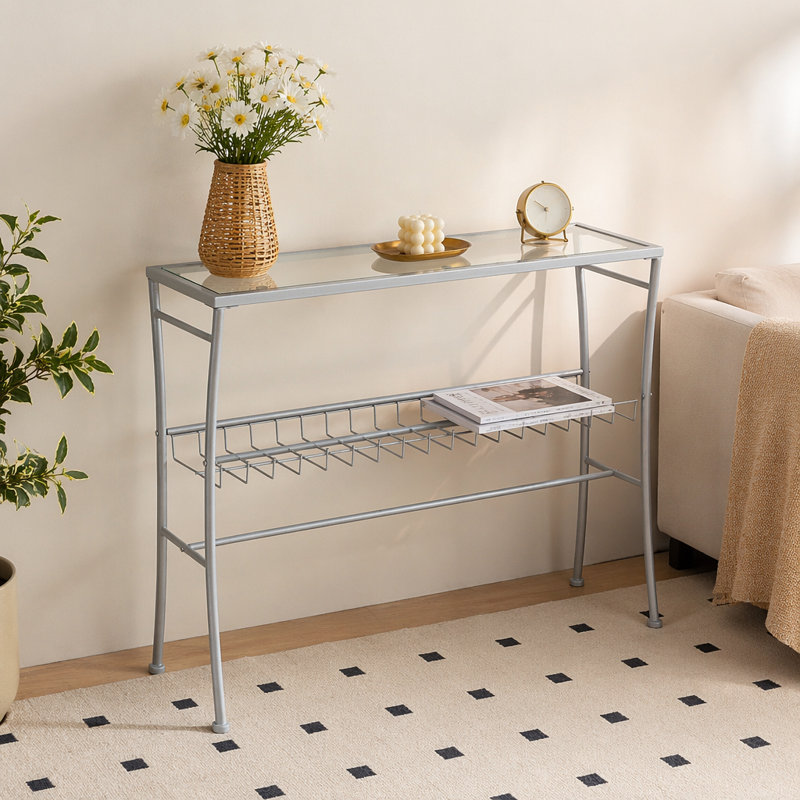 Table d'appoint, console, vestibule, étroit, canapé, salon, chambre à coucher, verre trempé transparent, métal argenté, contemporain, moderne