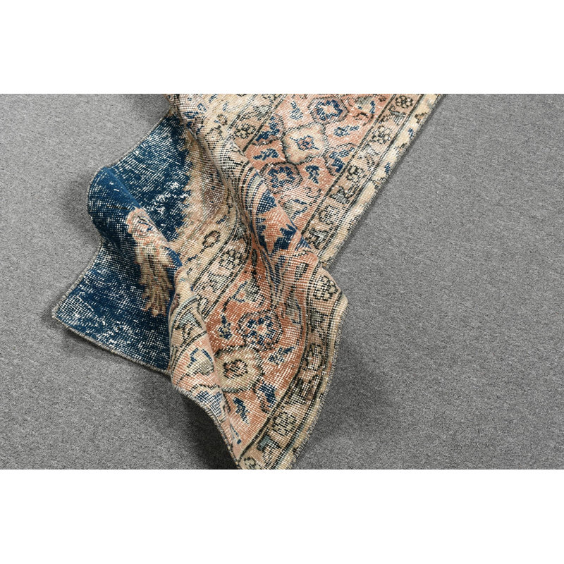 Tapis de couloir bleu en laine Oushak: design turc rétro idéal pour la cuisine