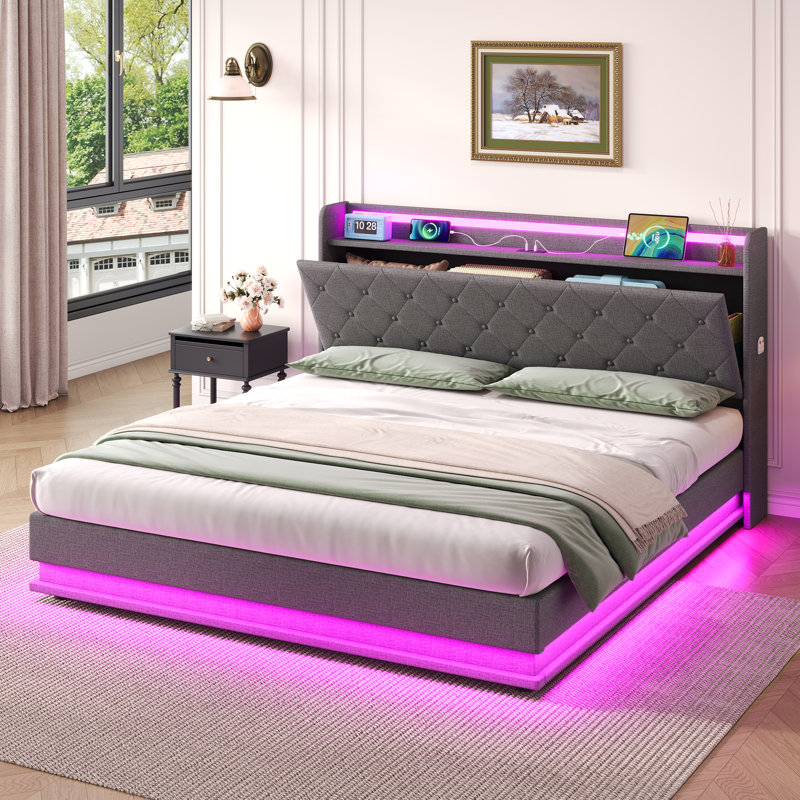 Double Storage Bed With Rgb Lighting & Usb Charging - Hydraulic Lift Base, No Box Spring Needed, Button-tufted Headboard