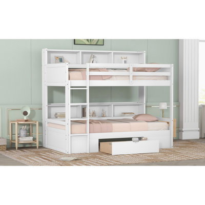  Twin Size Wooden Bunk Bed Frame with Built-In Bedside Three-in-One Bookcase and Storage Drawer White