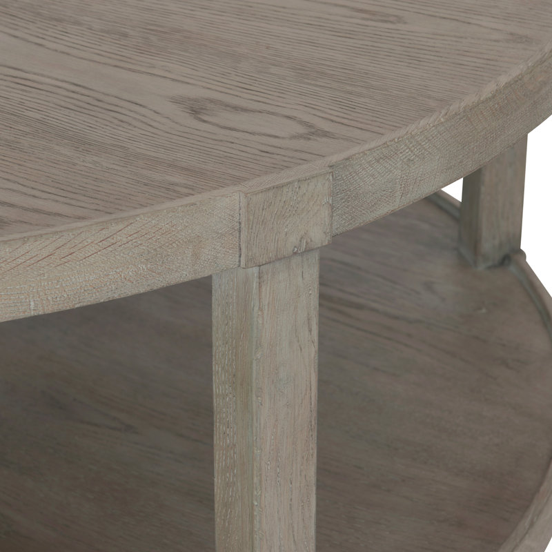 Transitional Cerused Oak Round Coffee Table with Storage in Pewter Gray