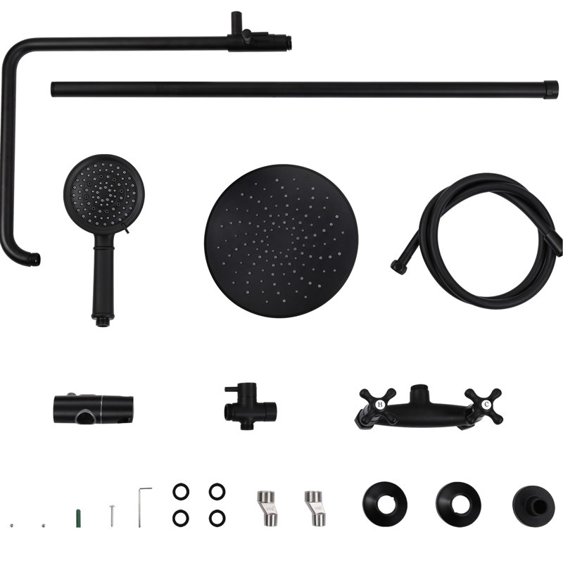 Ensemble de composant de douche noir mat avec tête de pluie de 8 pouces, douchette à 5 jets et système de robinet en laiton à 2 poignées avec finition, inverseur solide