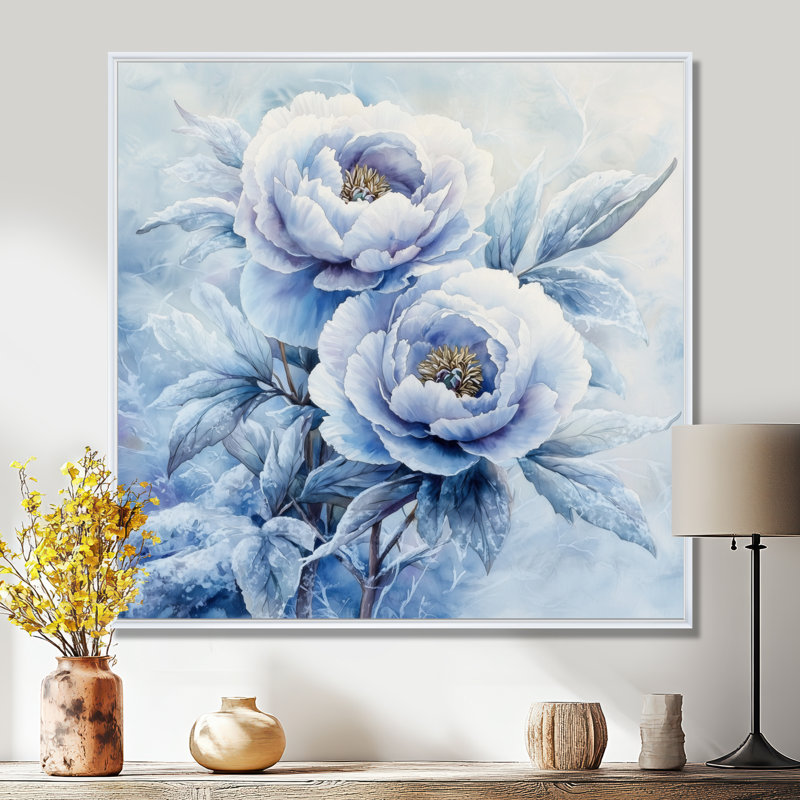 Pivoine bleue glacée - art mural pivoines, Impression encadrée flottante, H 16 po x l 16 po, Blanc