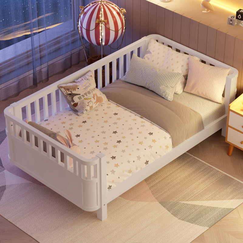 Lit plateforme en bois avec rails de sécurité, structure de lit pour tout-petit à profil bas, lit pour enfants, Simple, Blanc
