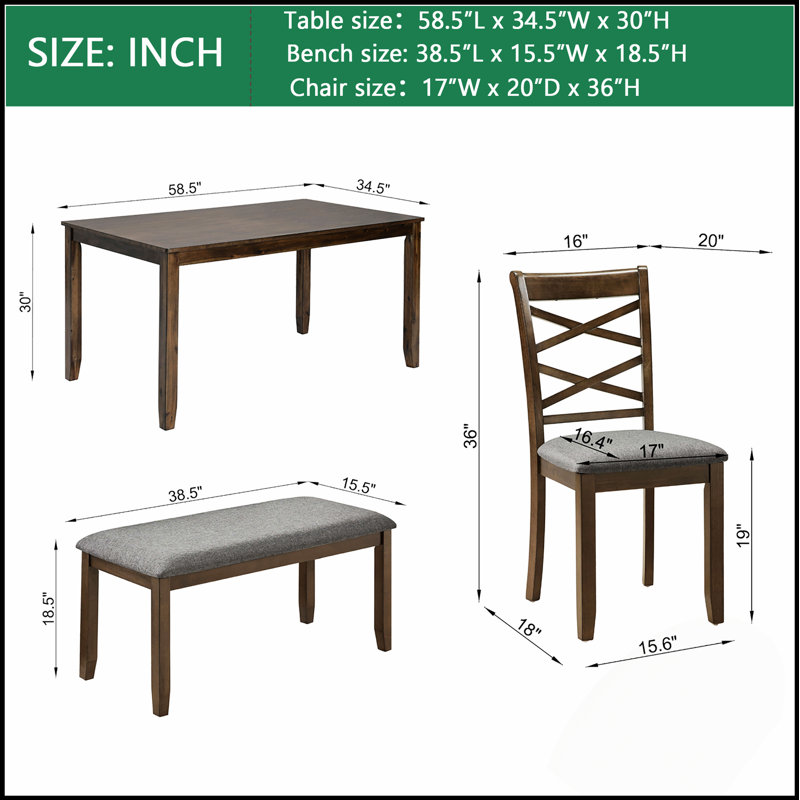 Élégante table de salle à manger en bois 6 pièces avec 4 chaises et un banc, ensemble de salle à manger rectangulaire moderne pour 6 personnes, idéal pour le salon, la cuisine et la salle à manger