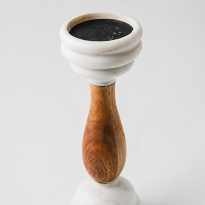 Signature Marble & Wood Pillar Candleholder, White