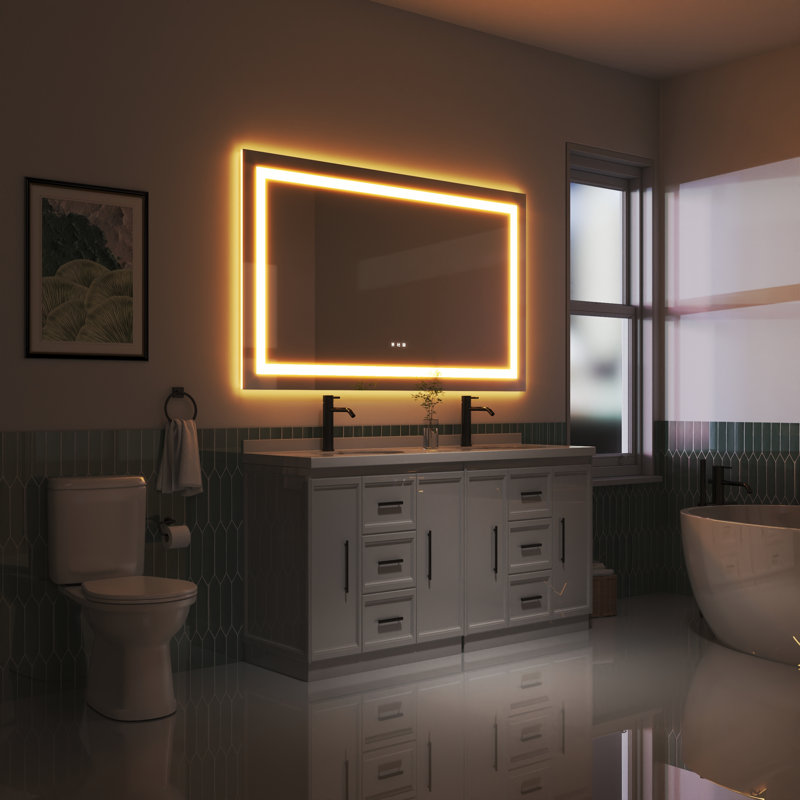 Led Bathroom Durable Tempered Mirror 72x 32, Dimmable Vanity Mirrors For Wall, Anti-fog, 3 Colors Adjustable, Memory, Double Led Lights ( Front And Backlit )