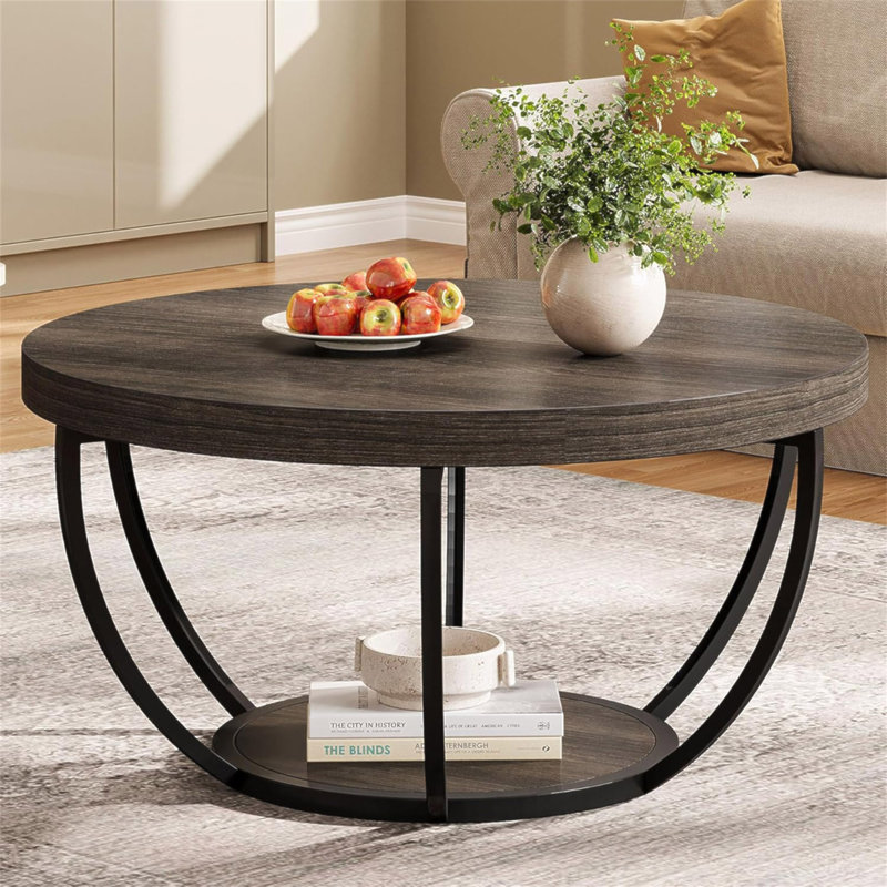 Table basse ronde, table basse circulaire en bois à 2 niveaux de 31,7 po avec tablettes de rangement, table d'appoint moderne pour le salon