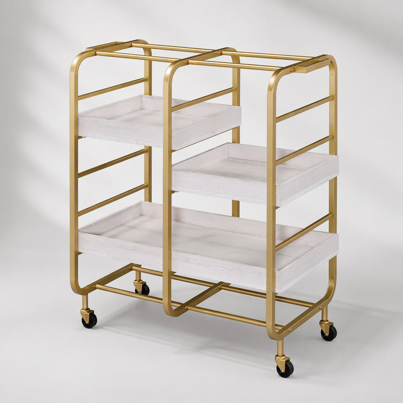 Chariot de service doré et blanc délavé avec 3 plateaux réglables