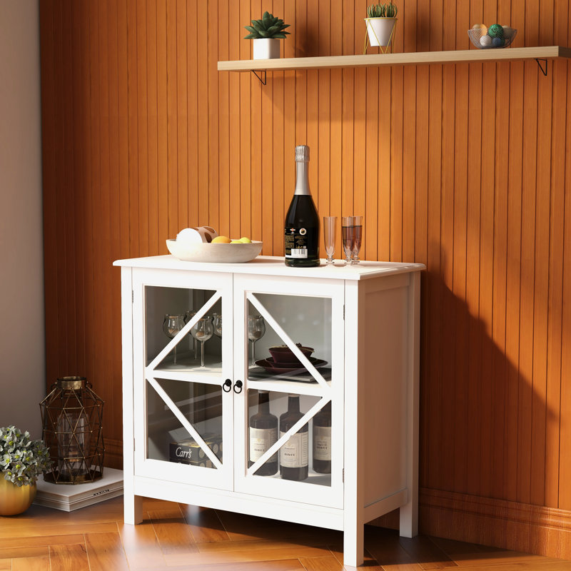 Double Glass Doors Kitchen Storage - Rustic Style Cabinet. Construction, White. Easy To Assemble Cabinet With Entrances Buffet For Home. , White Finish. Simple