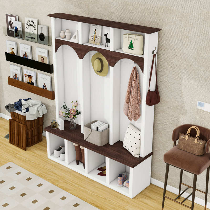 4-in-1 Hall Tree with Hooks, Storage Bench and Shelves, White