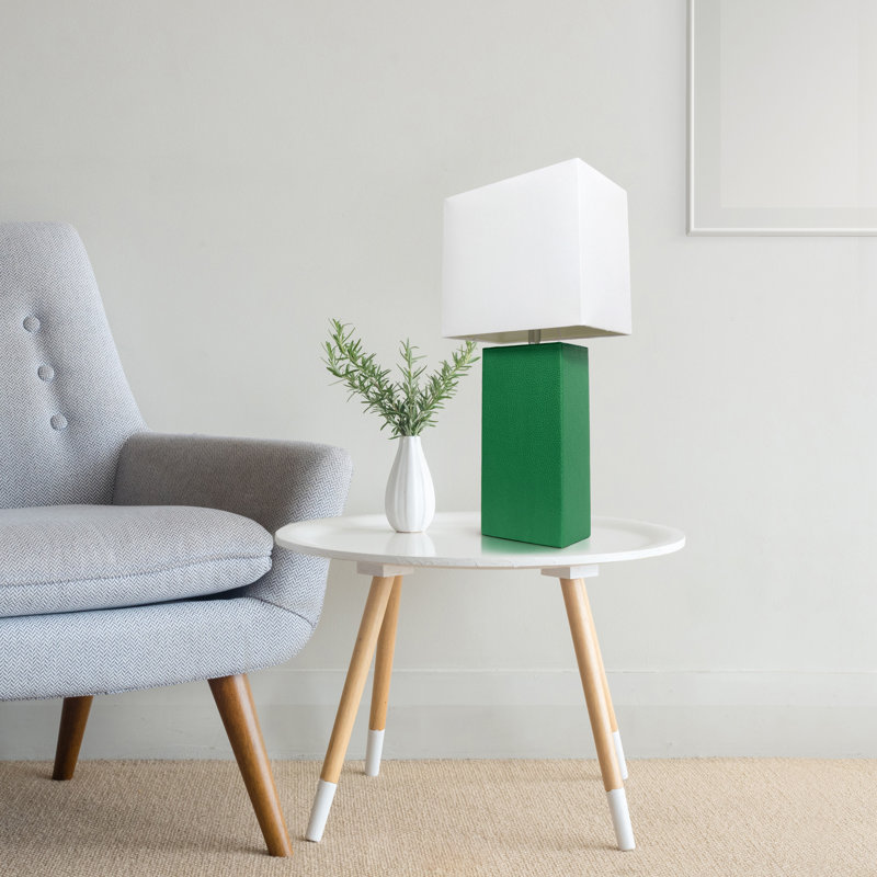 21" Leather Base Table Lamp with White Rectangular Linen Shade, Green, No, Clear
