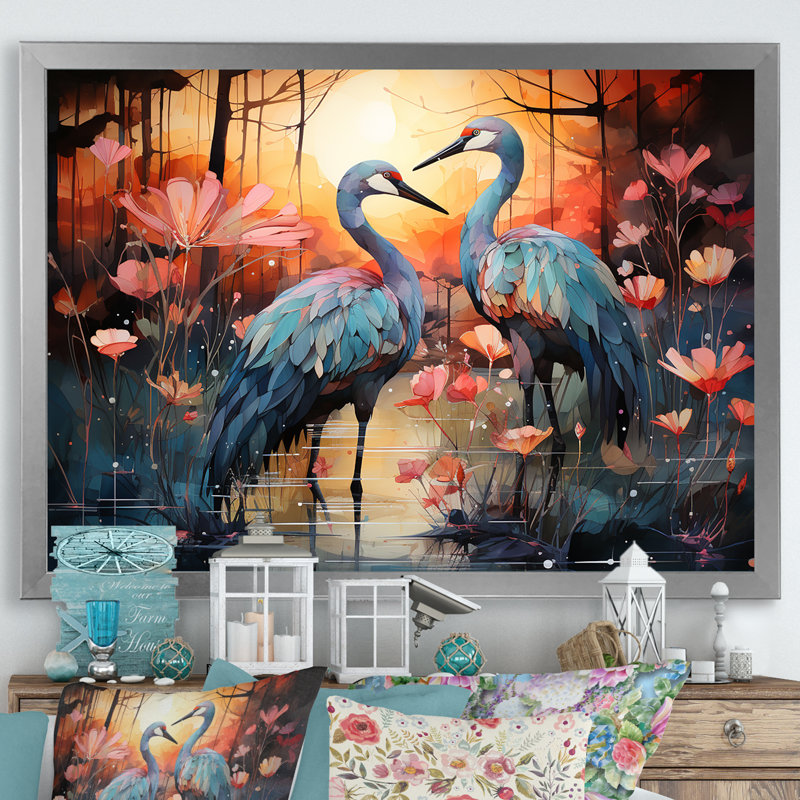 Flamant crépuscule sur toile, Cadre simple argenté, H 30 po x l 40 po x P 1,5 po