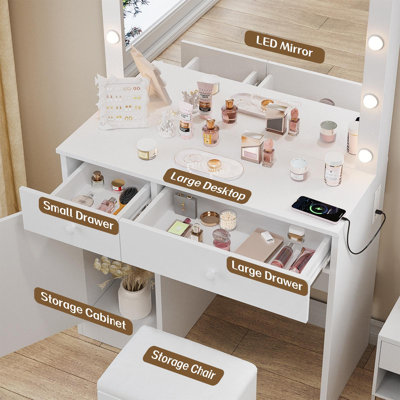 Carlno Makeup Vanity With Lighted Mirror, 2 Drawers & A Cabinet & Outlets, Stool Included, for Bedroom