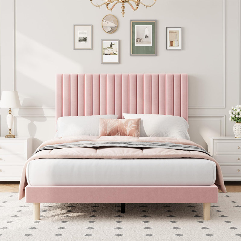 Bed Frame with 3-Level Adjustable Headboard, Full Bed Frame Vertical Channel Tufted, Velvet Upholstered Platform, Wooden Slats Support