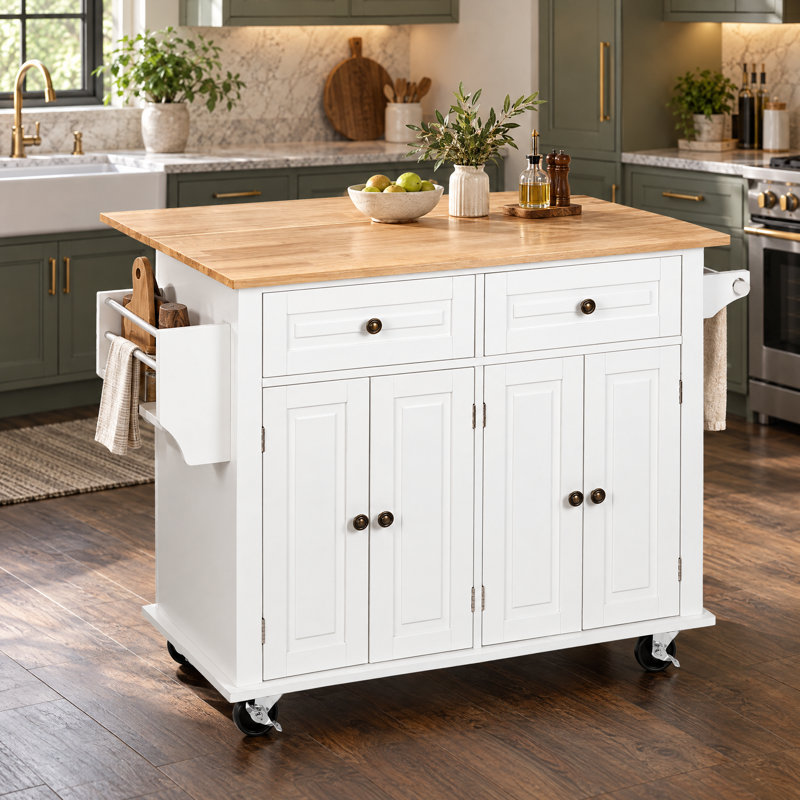 Nikayia 43.3"W Solid Wood Kitchen Island with Drop Leaf, White