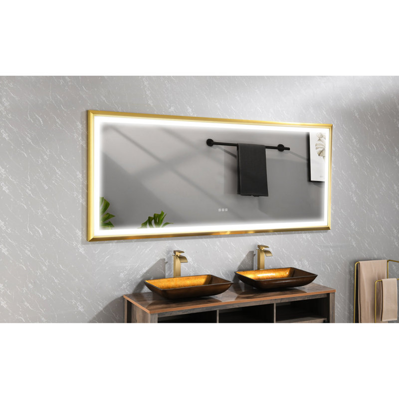 Miroir de salle de bain à DEL 84 po x 48 po, fixation murale, cadre en aluminium, brouillard naturel, 3 températures de couleur, gradation continue, miroir doré brossé pour meuble-lavabo, brouillard, modes, garniture