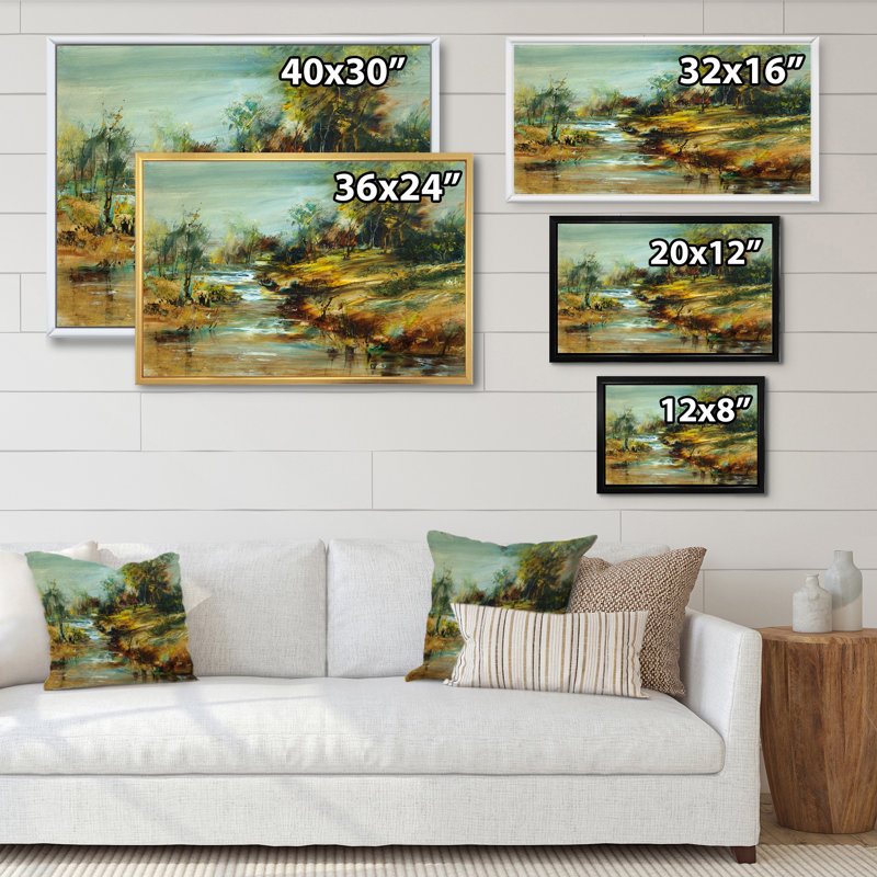 Paysage de rivière d'été - reproduction d'art sur toile, H 24 po x l 36 po x P 1 po, Cadre flottant doré