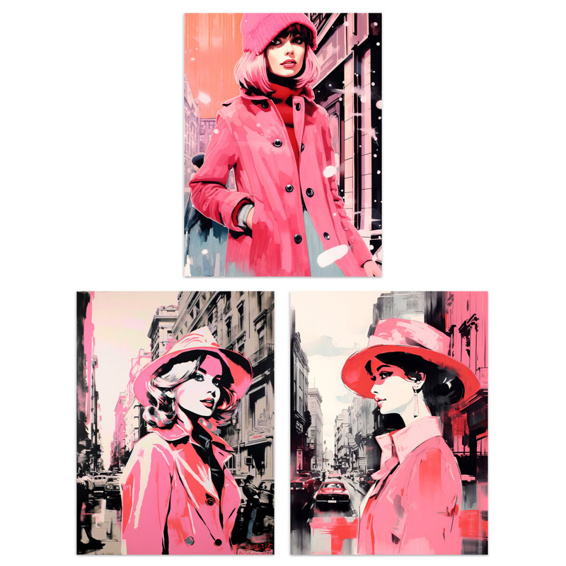 Pink Downtown Women Winter Retro Fashion 3 Piece Wall Art, 29.7cm H x 21cm W x 0.4cm D