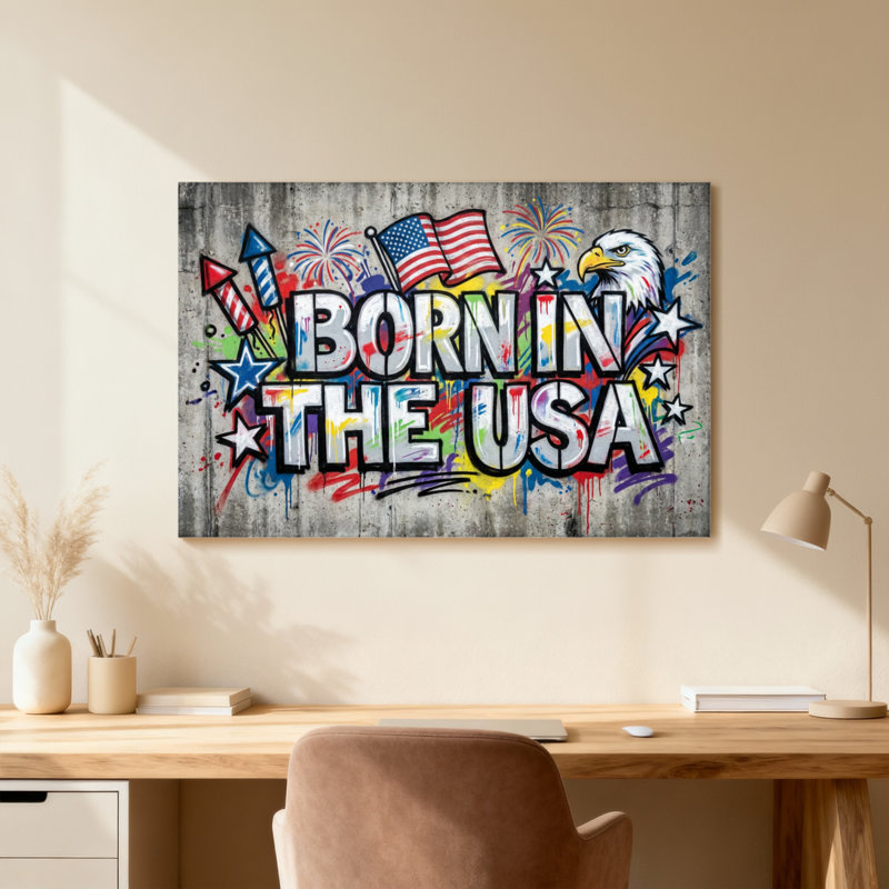 «Born In The Usa Graffiti», reproduction d'art, H 24 po x l 36 po, Cadre photo unique, Grain de bois clair