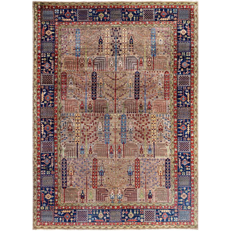 Tapis noué à la main de conception unique Raffin - brun, 10 pi 0 po x 13 pi 9 po