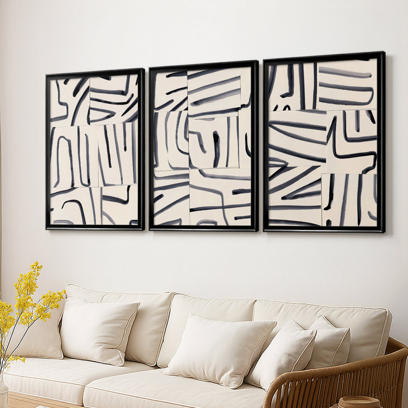 Splice Lines I - Toile tendue avec châssis sur mesure - 3 pièces, Noir, H 21 po x l 30 po