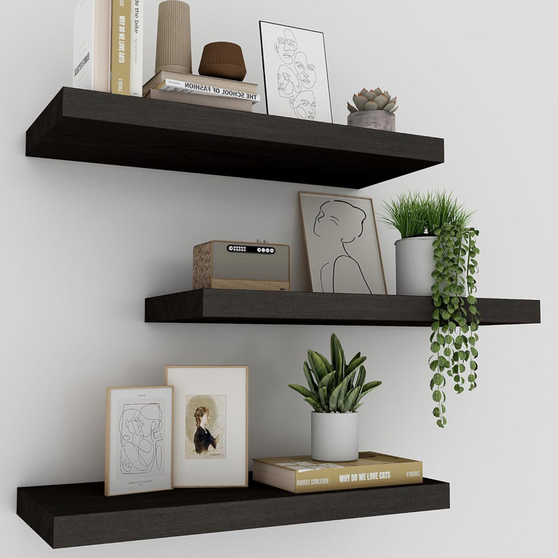 Floating Shelves For Wall Set Of 3, 16" Rustic Wood Wall Shelves, Black