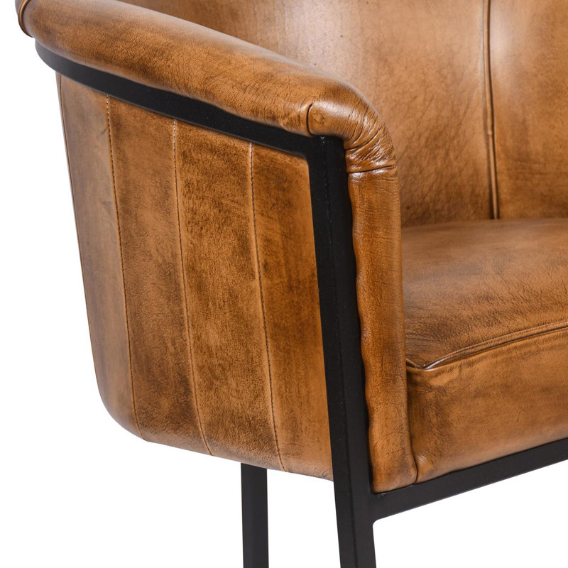 47cm H Genuine Leather Upholstered Metal Cantilever Chair, Tan