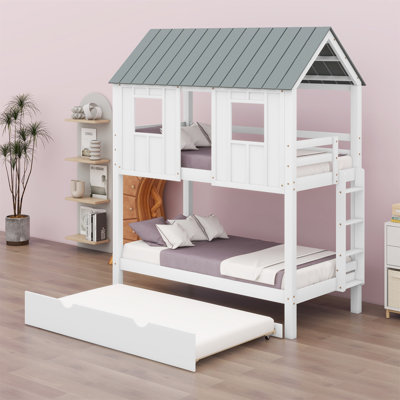House Bunk Bed With Trundle,Roof And Windows