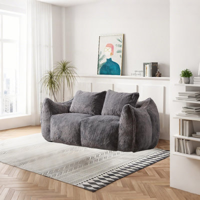 Giant Bean Bag Sofa Couch,Ultra Soft Fluffy Faux Rabbit Fur Loveseat, Oversized Chase Lounge Chair with Pillows by Trule