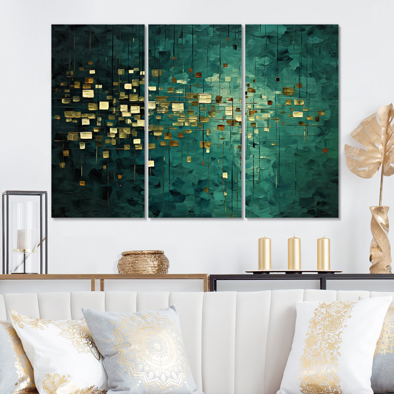 Supérieur soleil abstrait bleu océan et or IV sur toile, 3 pièces, H 28 po x l 36 po x P 1 po