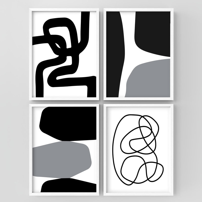 "Décoration murale abstraite moderne noir et blanc Boho", 4 pièces, Blanc, H 14 po x l 11 po