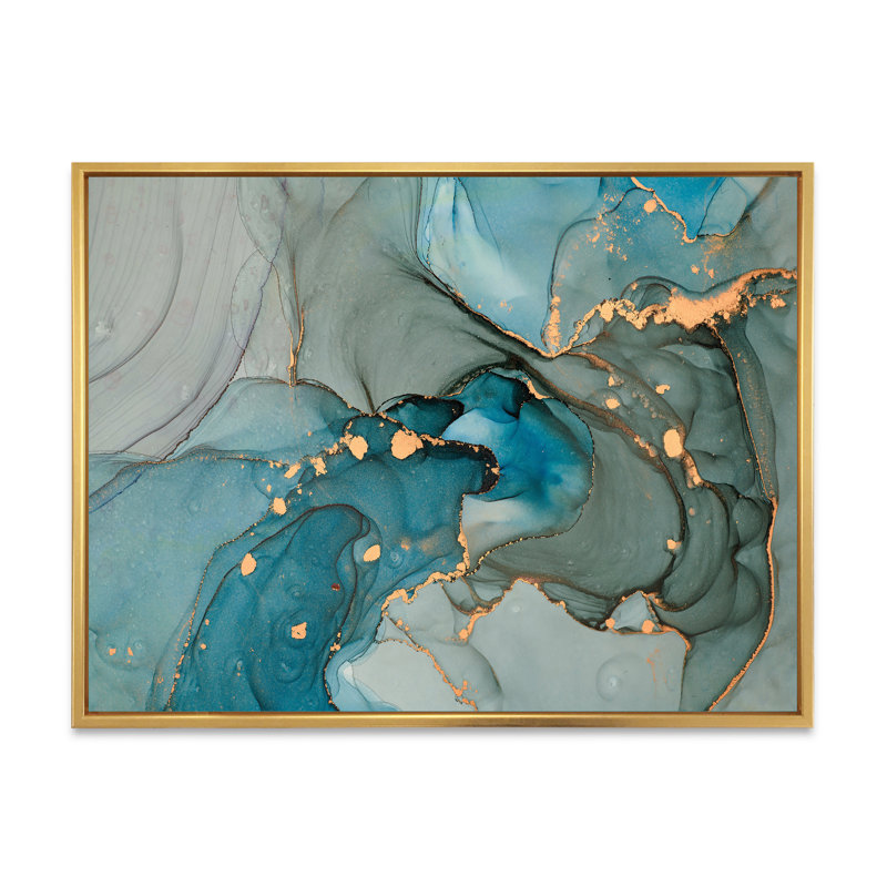 Turquoise doré infusé de marbre - reproduction sur toile, H 34 po x l 44 po, Cadre flottant, Doré